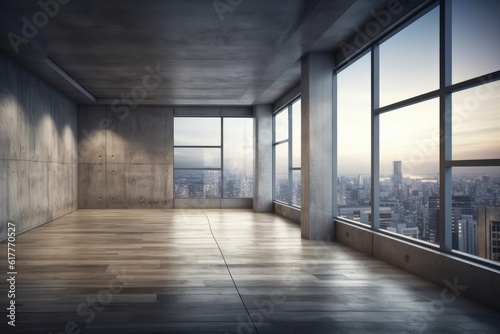Interior of a mysterious, vacant room with three narrow liniar windows providing a city view, concrete walls, and a wooden floor. Generative AI