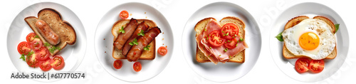 Foto Toast bread with pork belly, egg, ham, sausage on white plate, top view with tra