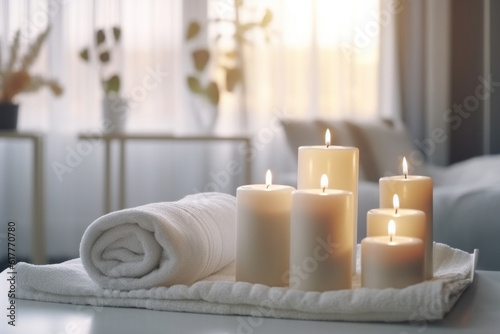 Closeup of candles and white towels, spa salon background. AI generative