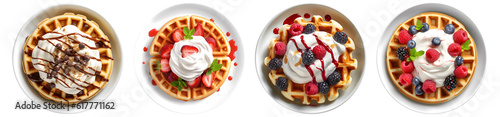 Waffle with strawberry, chocolate chip and berries topping on white plate, top view with transparent background, smooth blur edge, Generative AI