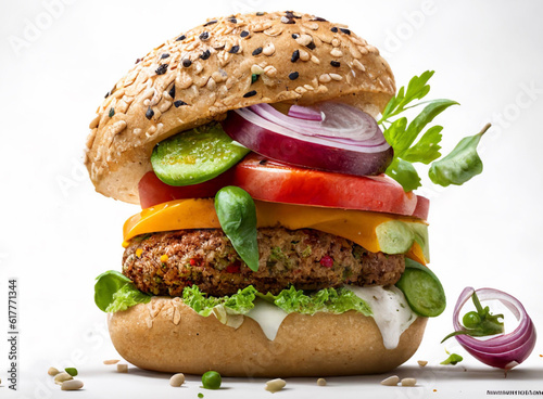 vegan burger with vegetables on a white background, vegan lifestyle 