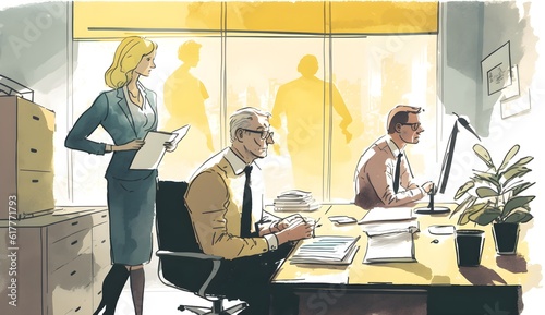 middleaged caucasians working in the office in watercolour style minimal colour 8k 