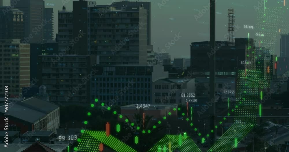 Animation of financial data processing against aerial view of cityscape Animation of financial data processing against aerial view of cityscape