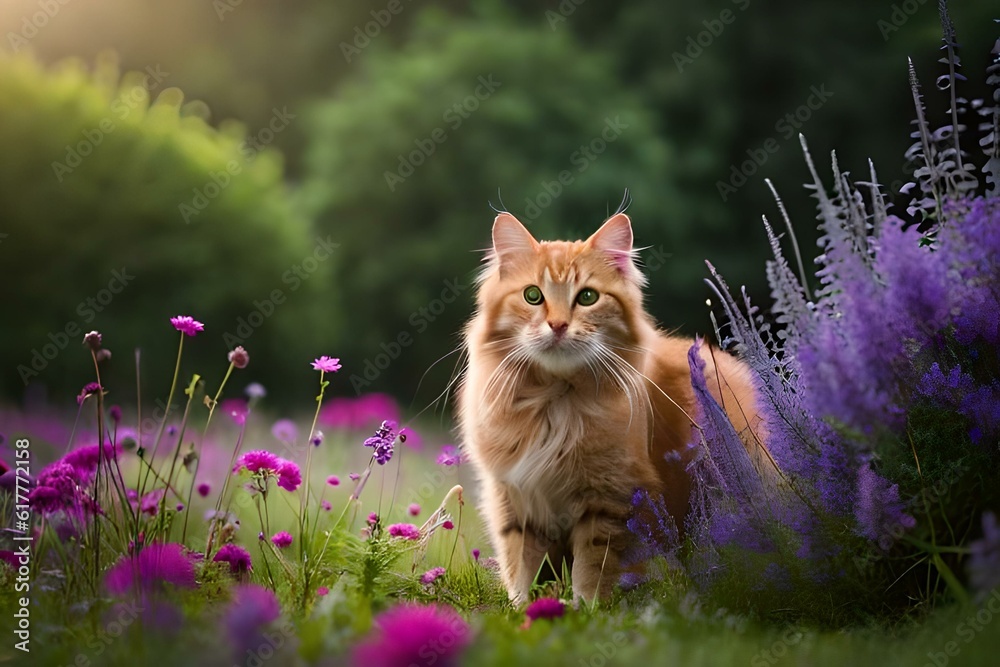 brown cat sitting in flowers generated AI