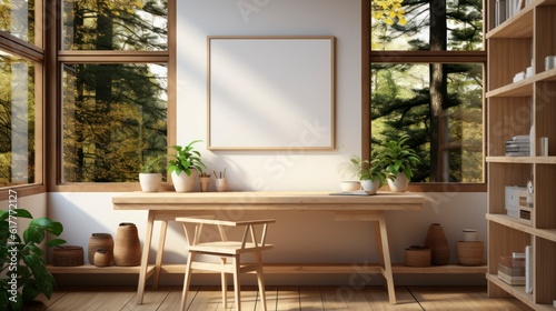 Poster mock up in home interior background  home office  Scandi-boho style   3d  render. Created with generative ai.