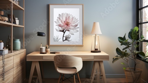 Poster mock up in home interior background, home office, Scandi-boho style, 3d render. Created with generative ai. © Muzaffer Stock