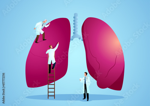 Vector graphic illustration of team of doctors diagnose human lung, Pulmonologist infographic