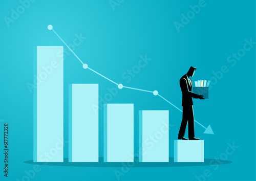Business concept illustration of a businessman descending on the decreasing chart, getting layoff, bankruptcy concept