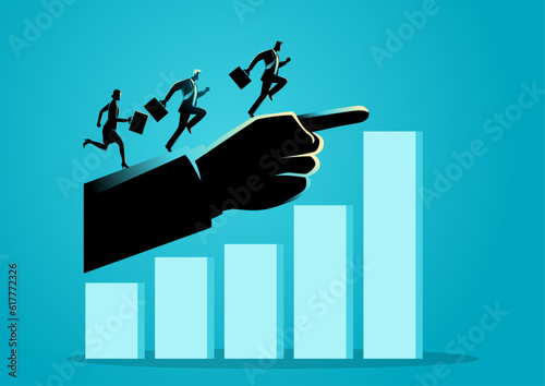 Business concept illustration of businessmen and a businesswoman running on giant pointing hand, leadership, right direction in business