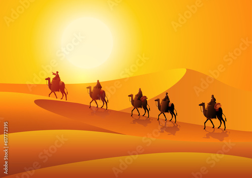 Vector illustration of Arab traders riding camels in the hot desert, Silk Road of the Gobi Desert