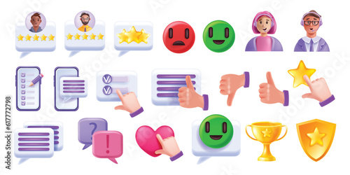 3D customer feedback icon set, happy client review vector sign kit, speech bubble online survey star. Business web rating clipart, communication consumer chat satisfaction like. Customer feedback sign