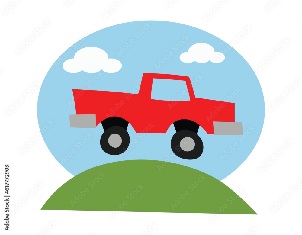 Naklejka premium red pickup truck cartoon style, vector illustration 