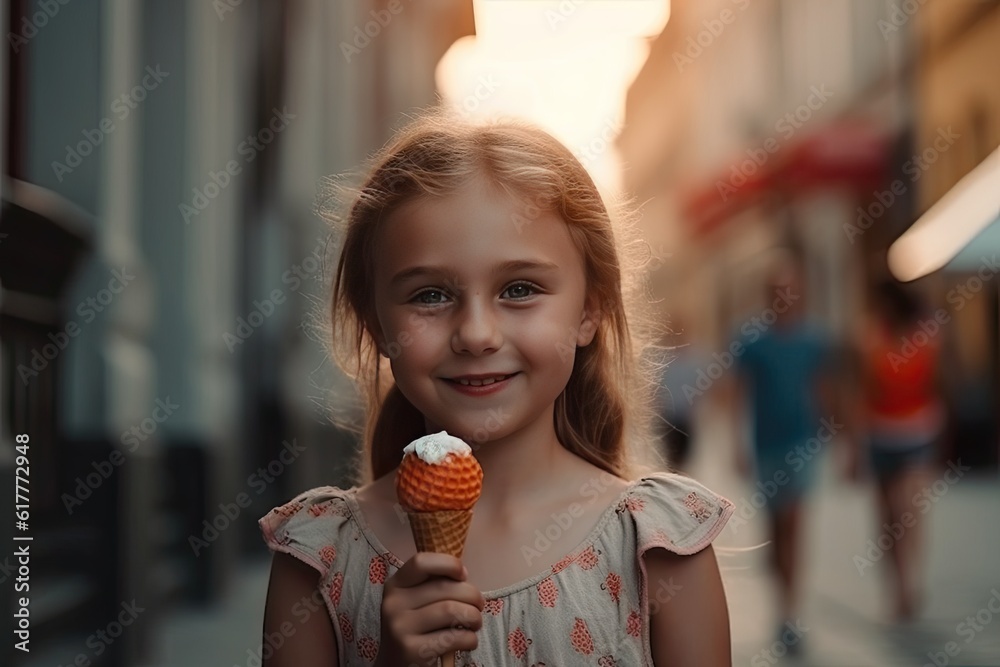 Cute girl eating an ice cream in the street. AI generative Cute girl eating an ice cream in the street. AI generative