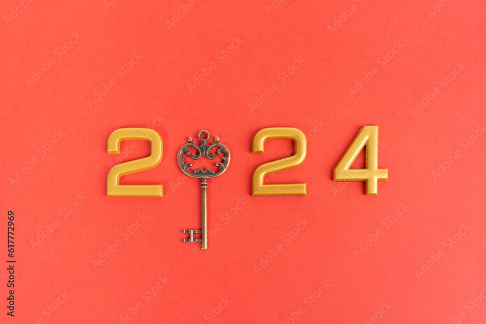 Number 2024 with key on red background. Happy New Year and Christmas