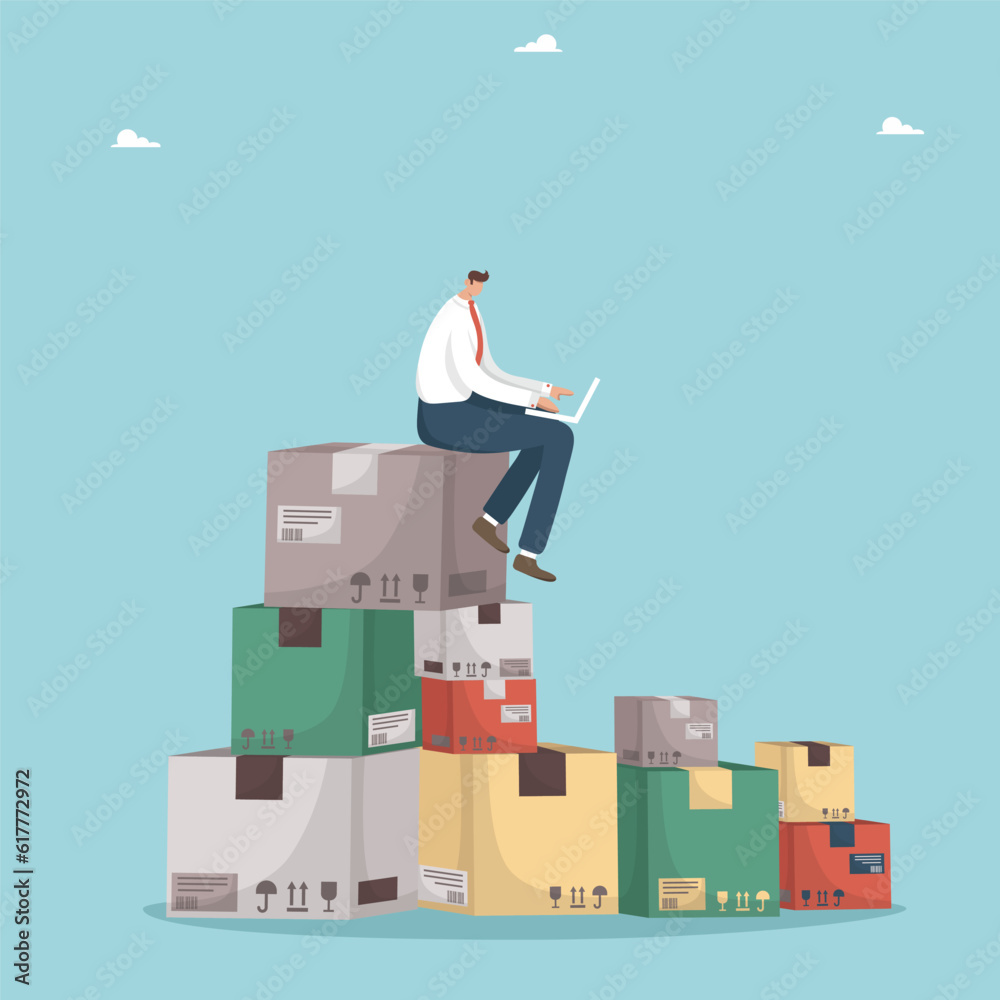 MOnline product orders on the internet, e-commerce or online shopping, parcel delivery by post, small business or entrepreneurship concept, man with a laptop sits on a pile of boxes. MOnline product orders on the internet, e-commerce or online shopping, parcel delivery by post, small business or entrepreneurship concept, man with a laptop sits on a pile of boxes.