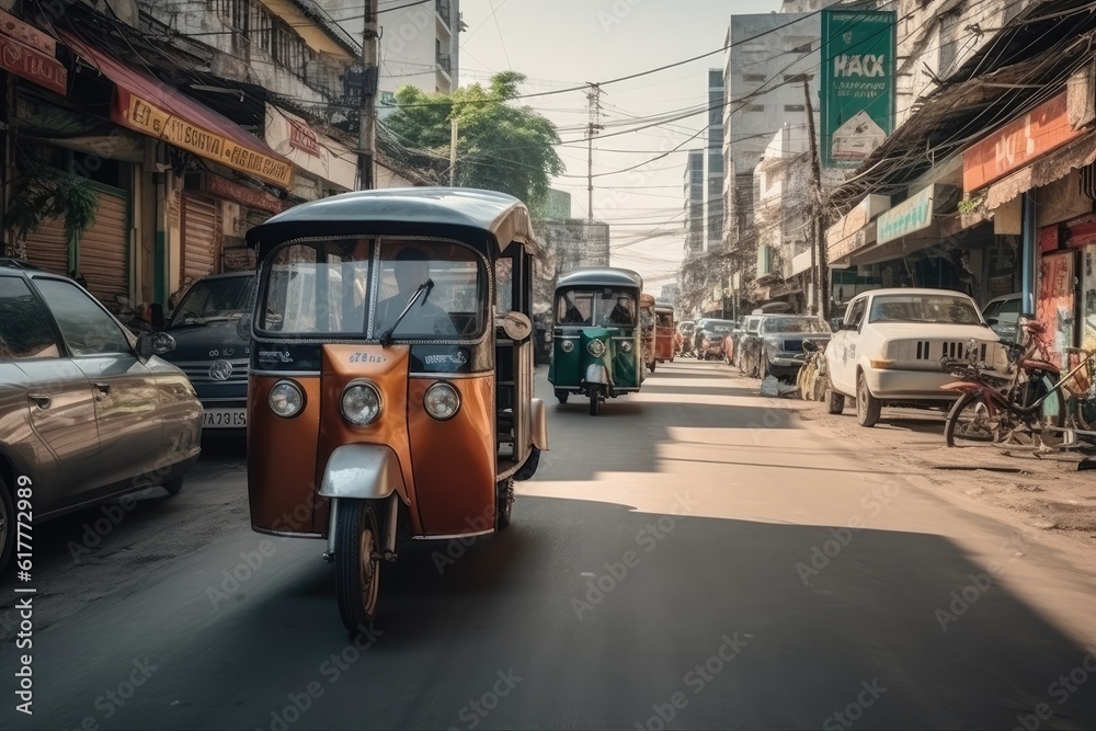 Tuk tuk service on an asian city. AI generative