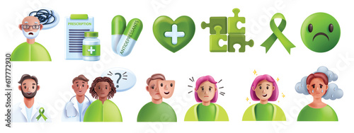 3D mental health icon set, psychiatrist medical vector illustration, tired bipolar patient, brain. Psychologist personal consultation, antidepressant support pills, prescription remedy. Mental health