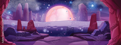 Game space vector background, alien planet landscape, cartoon fantasy red Mars desert view, rocks. UI parallax galaxy futuristic concept, cosmic sky, dry surface ground sand. Space star background