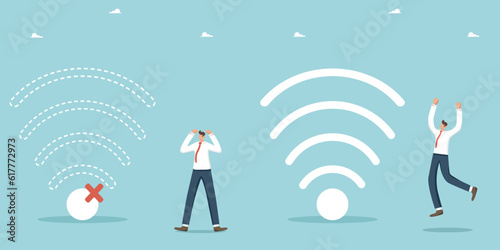 Free wi-fi hotspot, wi-fi bar, public internet access area, work or home network, internet addiction, one man is shocked by the lack of internet, second man rejoices at free high-speed wifi available.