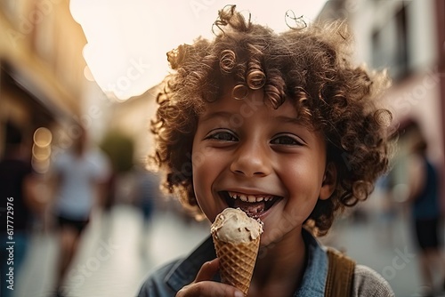 Boy eating an ice cream in the street. AI generative