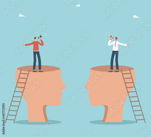 Disagreements of team players or team conflict, different vision of business development, contradictions in decision making, two businessmen standing in big human heads and arguing with loudspeakers.