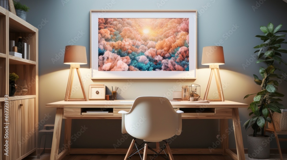 Poster mock up in home interior background, home office, Scandi-boho style, 3d render. Created with generative ai. Poster mock up in home interior background, home office, Scandi-boho style, 3d render. Created with generative ai.