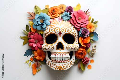 Day of the dead traditional white flower skull. Dia de los muertos skull with flowers on white background. Holiday banner with the skull created for postcard, poster, web site, greeting invitation. AI