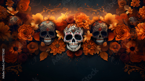 Day of the dead dark background with Sugar Skulls. Holiday banner with traditional dia de los muertos skull for postcard, poster, web site, greeting invitation with Copy Space. AI generated