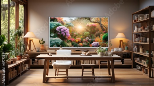 Poster mock up in home interior background, home office, Scandi-boho style, 3d render. Created with generative ai.