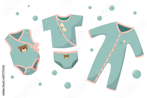 Set of children's clothes. Baby bodysuit, panties and t-shirt, jumpsuit with bears and pins.