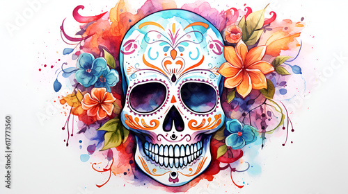 Day of the dead traditional skull, watercolor. Dia de los muertos skull with flowers on white background. Holiday banner with the skull created for postcard, poster, web site, greeting invitation. AI