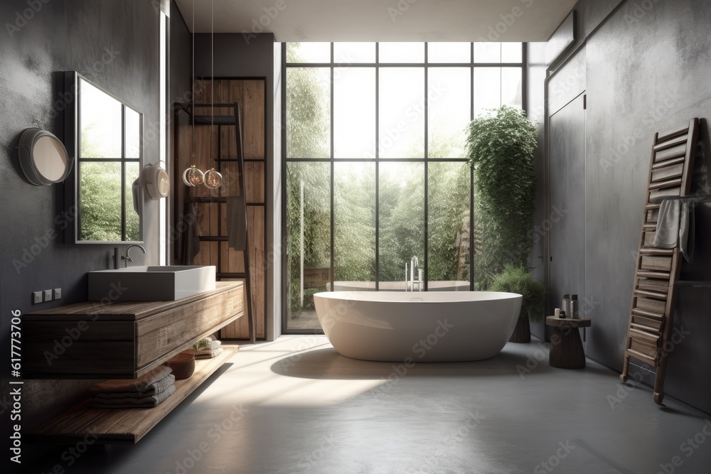 Interior of a contemporary bathroom with gray walls, a concrete floor, a loft window, a ladder, a wood sink, and a bathtub. Spas, hotels, and upscale properties a mockup. Generative AI