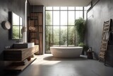 Interior of a contemporary bathroom with gray walls, a concrete floor, a loft window, a ladder, a wood sink, and a bathtub. Spas, hotels, and upscale properties a mockup. Generative AI