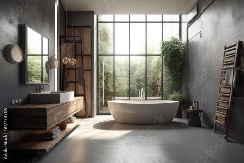 Interior of a contemporary bathroom with gray walls, a concrete floor, a loft window, a ladder, a wood sink, and a bathtub. Spas, hotels, and upscale properties a mockup. Generative AI © Vusal