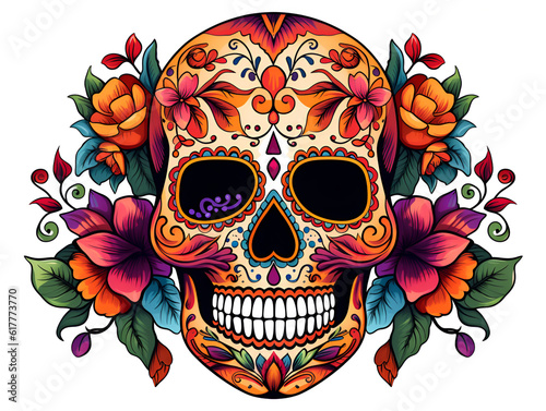 Day of the dead traditional white flower skull. Dia de los muertos skull with flowers on white background. Holiday banner with the skull created for postcard, poster, web site, greeting invitation. AI