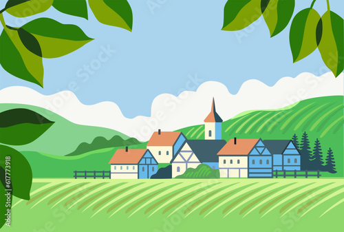 Landscape with leaf tree. Village landscape.