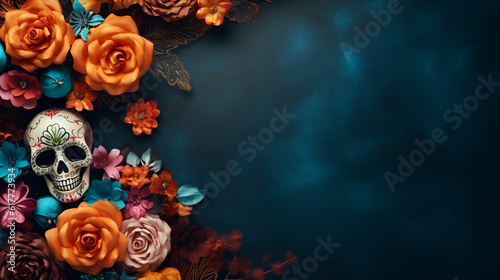 Day of the dead dark background with traditional skull and roses. Holiday banner with dia de los muertos sugar skull and flowers for postcard, poster, web site, greeting invitation. Copy Space. AI photo