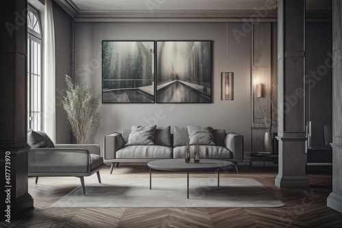 Interior of a living room with two gray sofas, a coffee table, columns, a wooden floor, and a vertical poster on a gray wall. double exposure toned picture prototype. Generative AI
