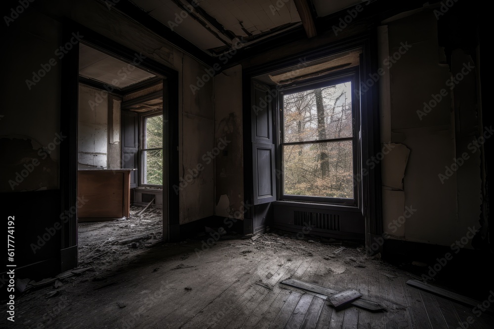 Fototapeta premium Zimmer eines alten verfallenen Hauses - Generative AI