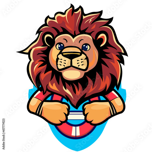 Lion lifeguard cartoon mascot vector illustration, brave lion holding a lifebuoy vector image