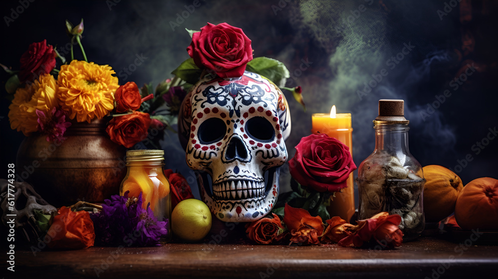 Day of the dead background with skull mask, candles and flowers, front view, close up. Holiday banner with dia de los muertos skull for postcard, poster, web site, greeting invitation. Copy Space. AI