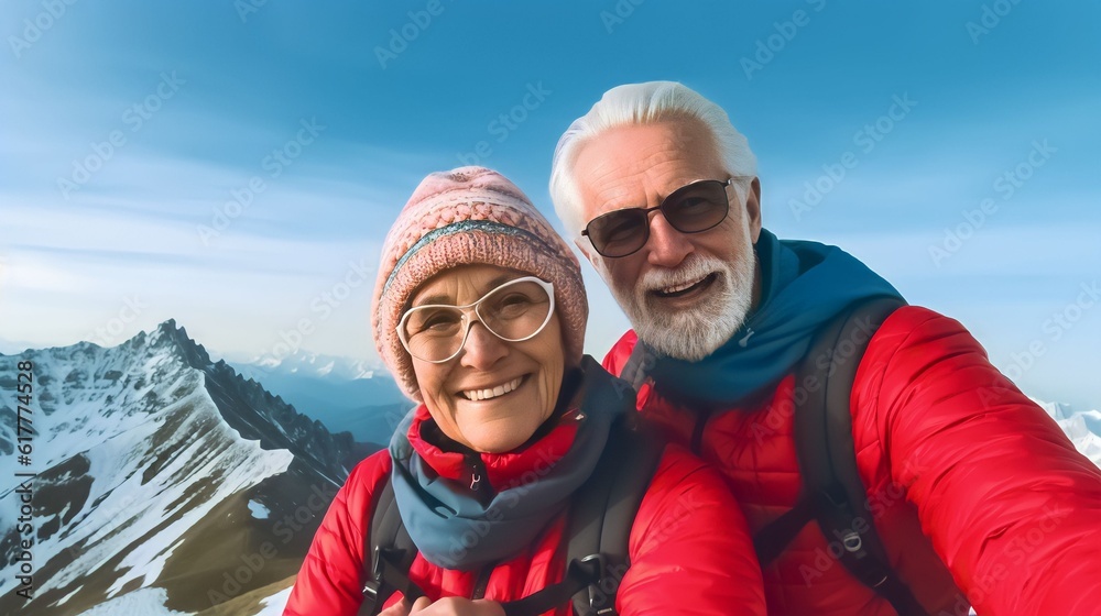 Happy smile elderly couple of hikers in the ascent to the summit take a selfie phone on the snow highlands landscape around