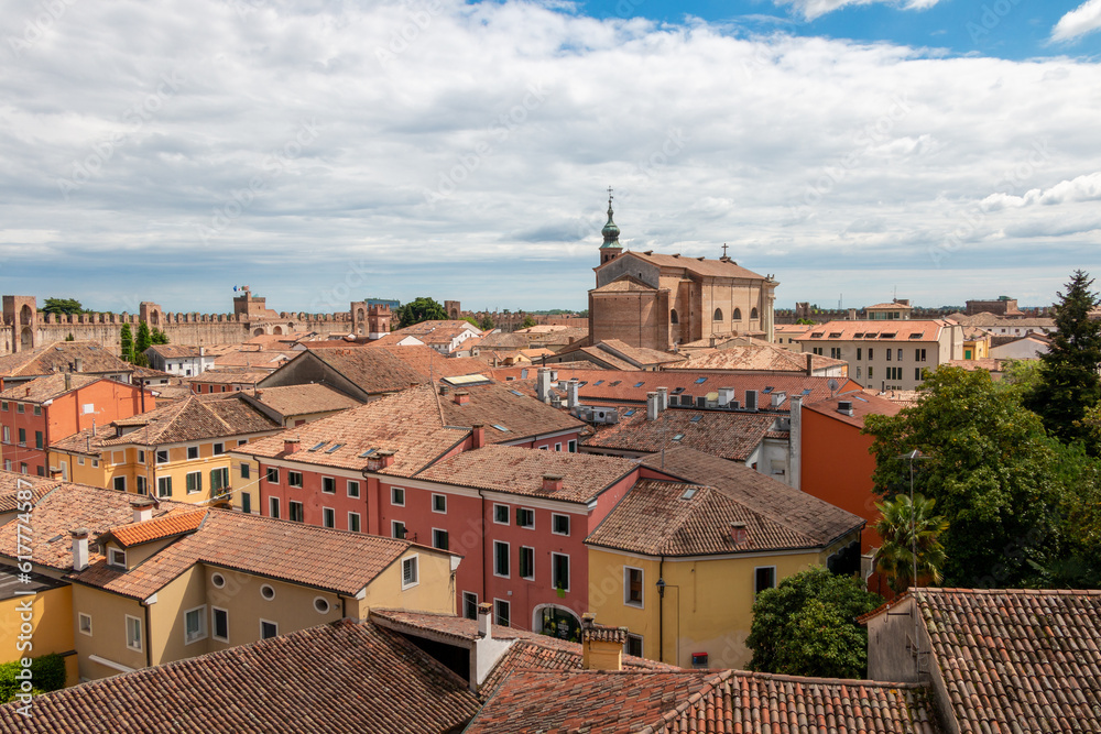 the old city of Cittadella seen from the walls that surround it. In the center the cathedral in neoclassical style.
