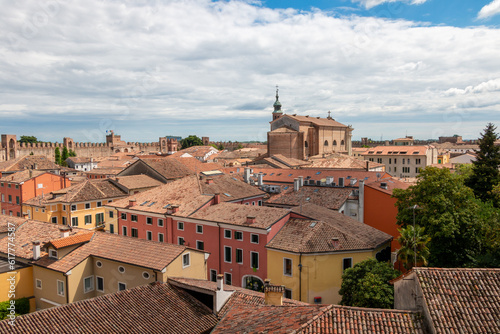 the old city of Cittadella seen from the walls that surround it. In the center the cathedral in neoclassical style.