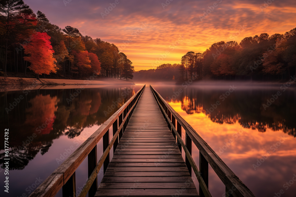 A serene scene featuring a wooden pier leading to a calm lake, surrounded by an autumn forest. Generative AI