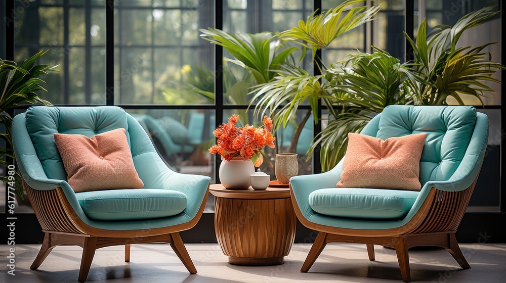 Fototapeta premium Home interior mock-up with turquoise armchairs, table and pampas, 3d render. Created with generative AI.