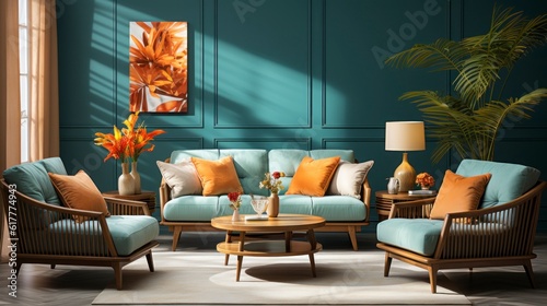 Home interior mock-up with turquoise armchairs, table and pampas, 3d render. Created with generative AI.