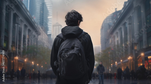 Teenager with a school backpack on the background of the city streets. generative AI