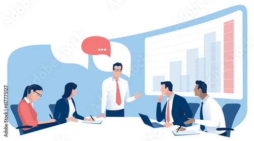 Plan. Growth. Business meeting. The leader explains the growth strategy. Vector illustration. 
