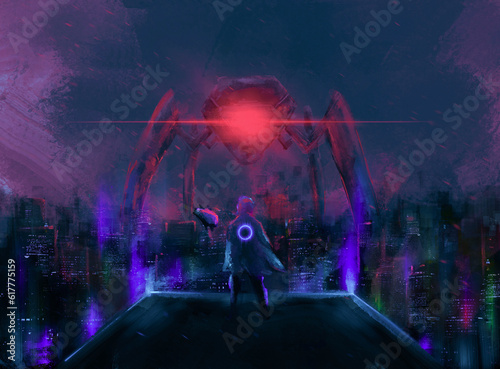 Science fiction,man against the spider giant robot ,futuristic dystopia ,digital art, Illustration painting.